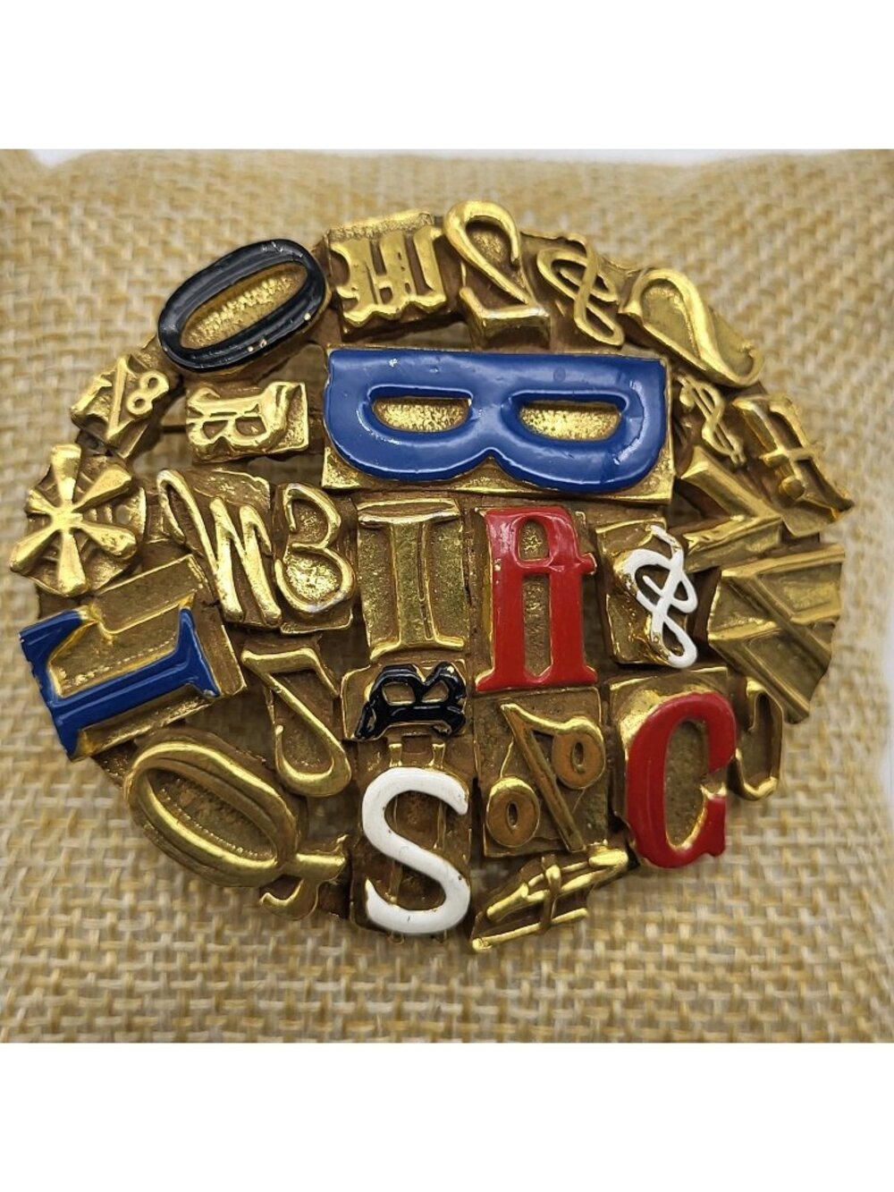Vintage Puccini Letters Symbols enamel Goldtone Brooch Signed Maximalist